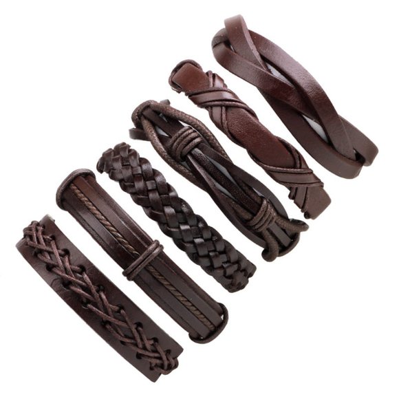 6pcs Men's Multilayer Leather Bracelet (Brown) ADJUSTABLE SIZES - Picture 2 of 5